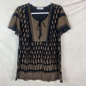 LAPOGEE Women's Shirt Size 1X‎ Black Gold Tribal Shimmer Keyhole Tunic
